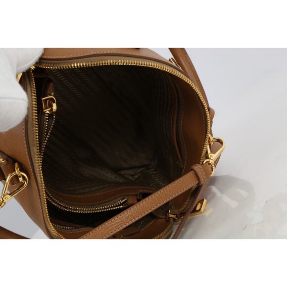 Prada Saffiano Lux Promenade Tan Brown Leather Double Zip Medium Satchel Bag - Picture 13 of 16